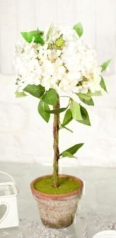 Hydrangea Topiary in Aged Terracotta White silk flowers by Bloomsbury. Size 47x25cm